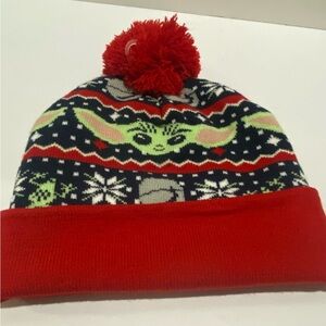 Star Wars Mandalorian Grogu Baby Yoda Winter Knit Pom Beanie Hat Snowflakes NWT